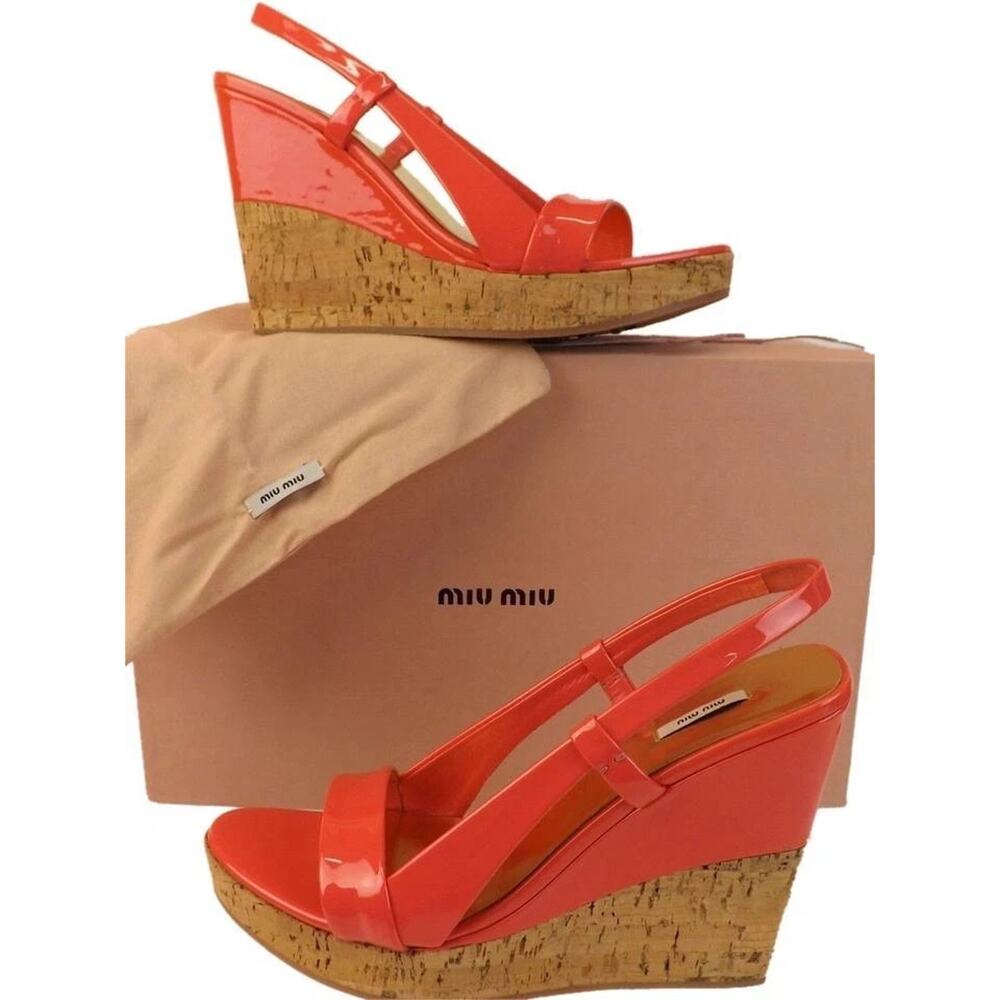 NIB MIU MIU PRADA 5X5844 PINK PATENT LEATHER CORK WEDGES SANDALS 38 ITALY